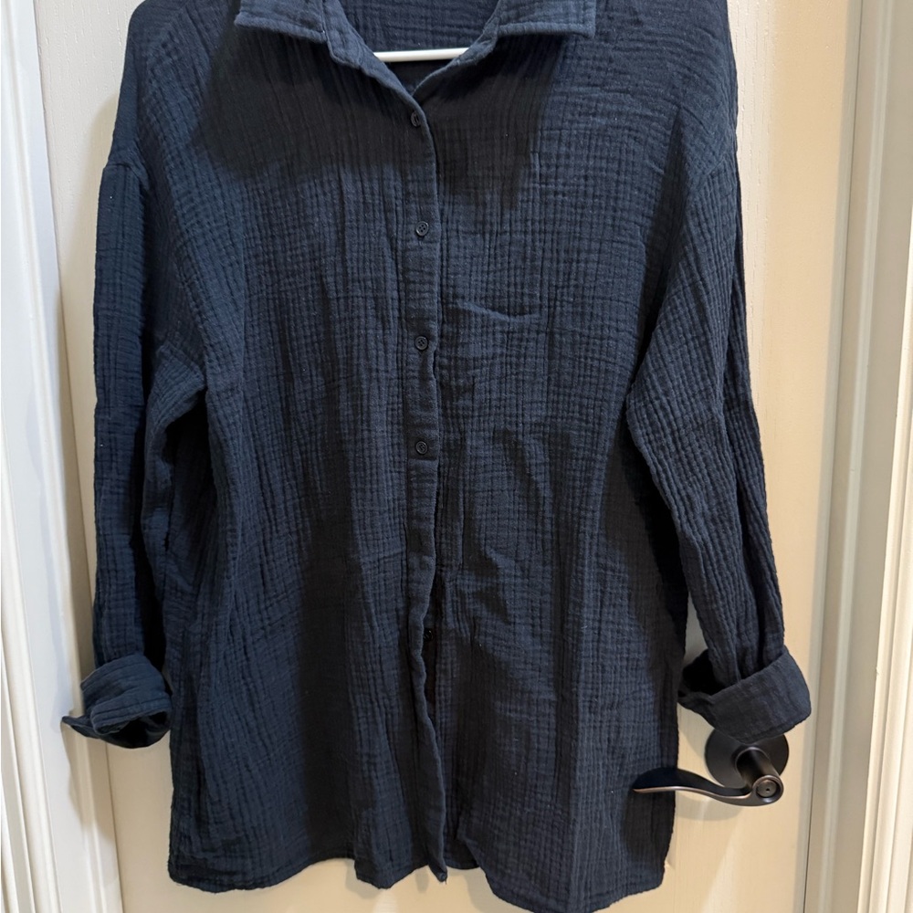 Black Long Sleeve Notched Collar Button Down Shirt